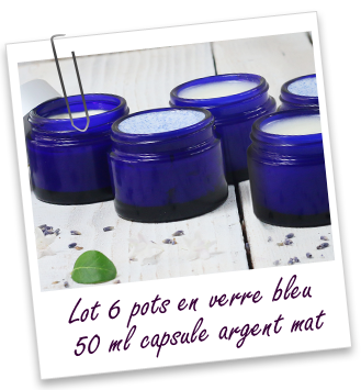 Lot de 6 pots verre bleu 50 ml capot argent mat - Aroma-Zone